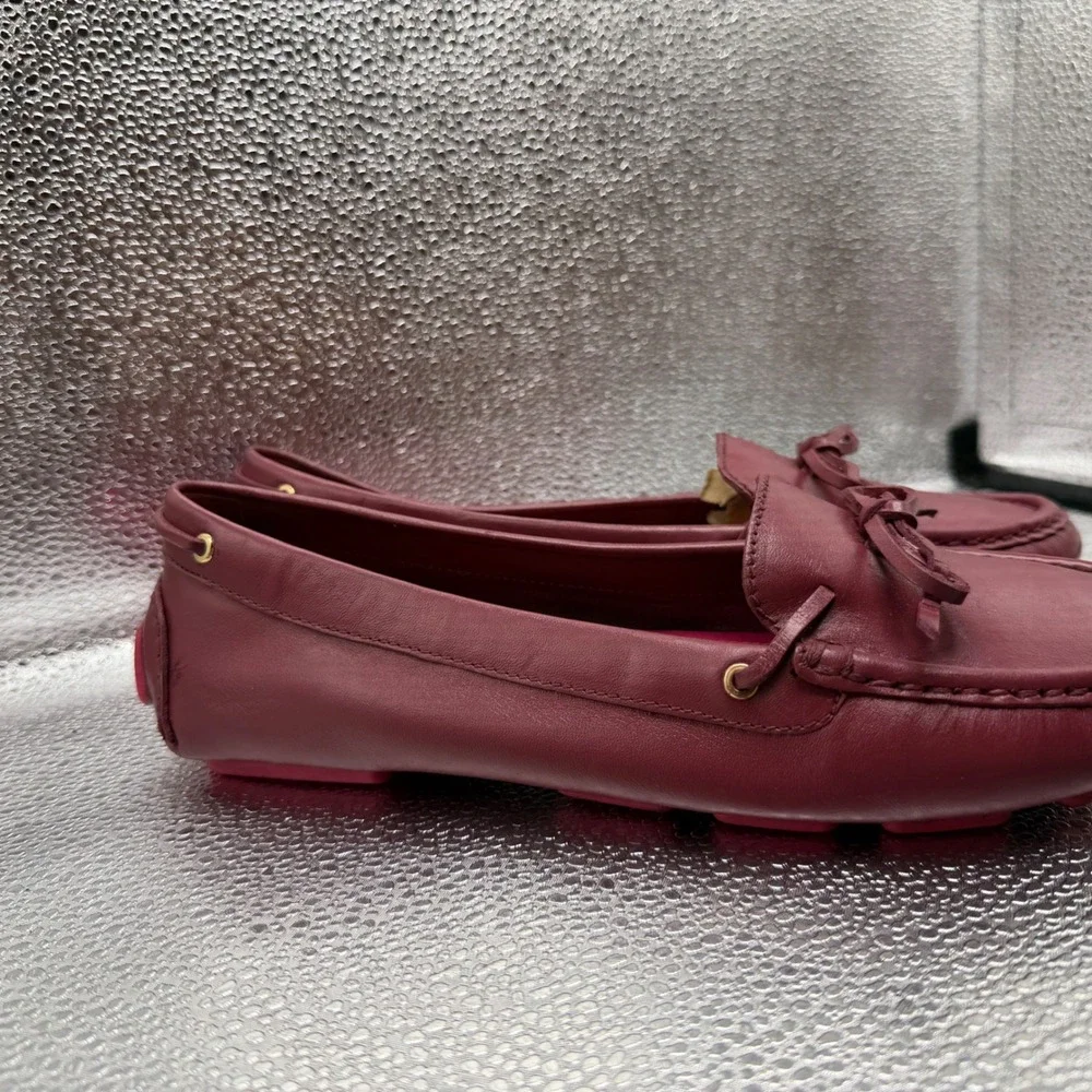 Size 8.5 Tory Burch Driving Loafers Womens Burgundy Excellent Leather Bow Logo
